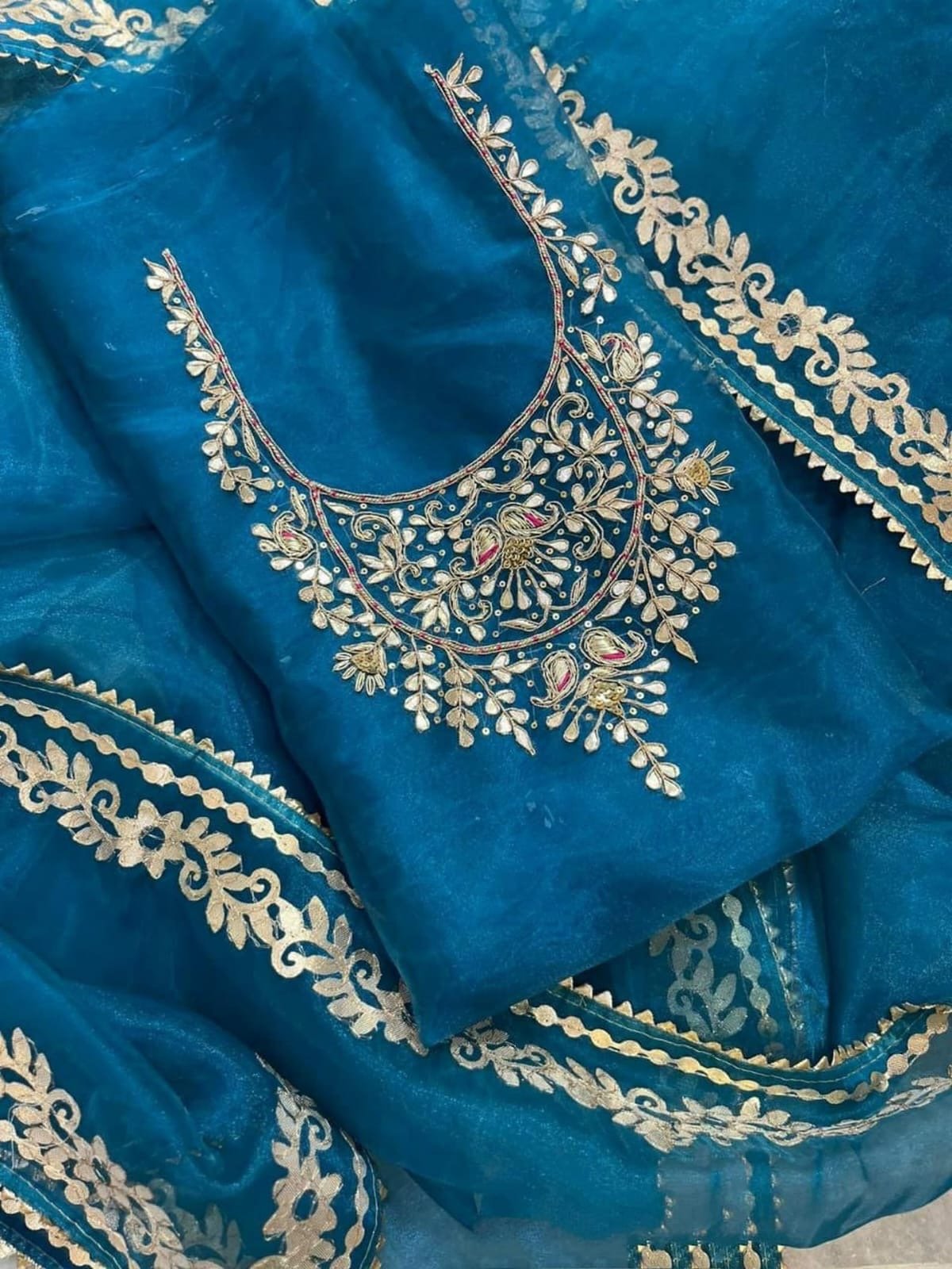Hand - crafted Indigo Blue Hand - Crafted Suit Set with Intricate Gota Patti & Zardozi Work with elegant handwork - LIBASTINO