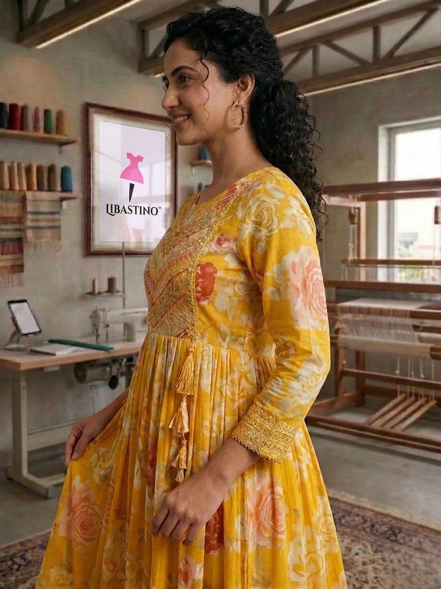 Hand - crafted Mustard Yellow Floral Anarkali Suit Set with Malmal Dupatta with elegant handwork - LIBASTINO