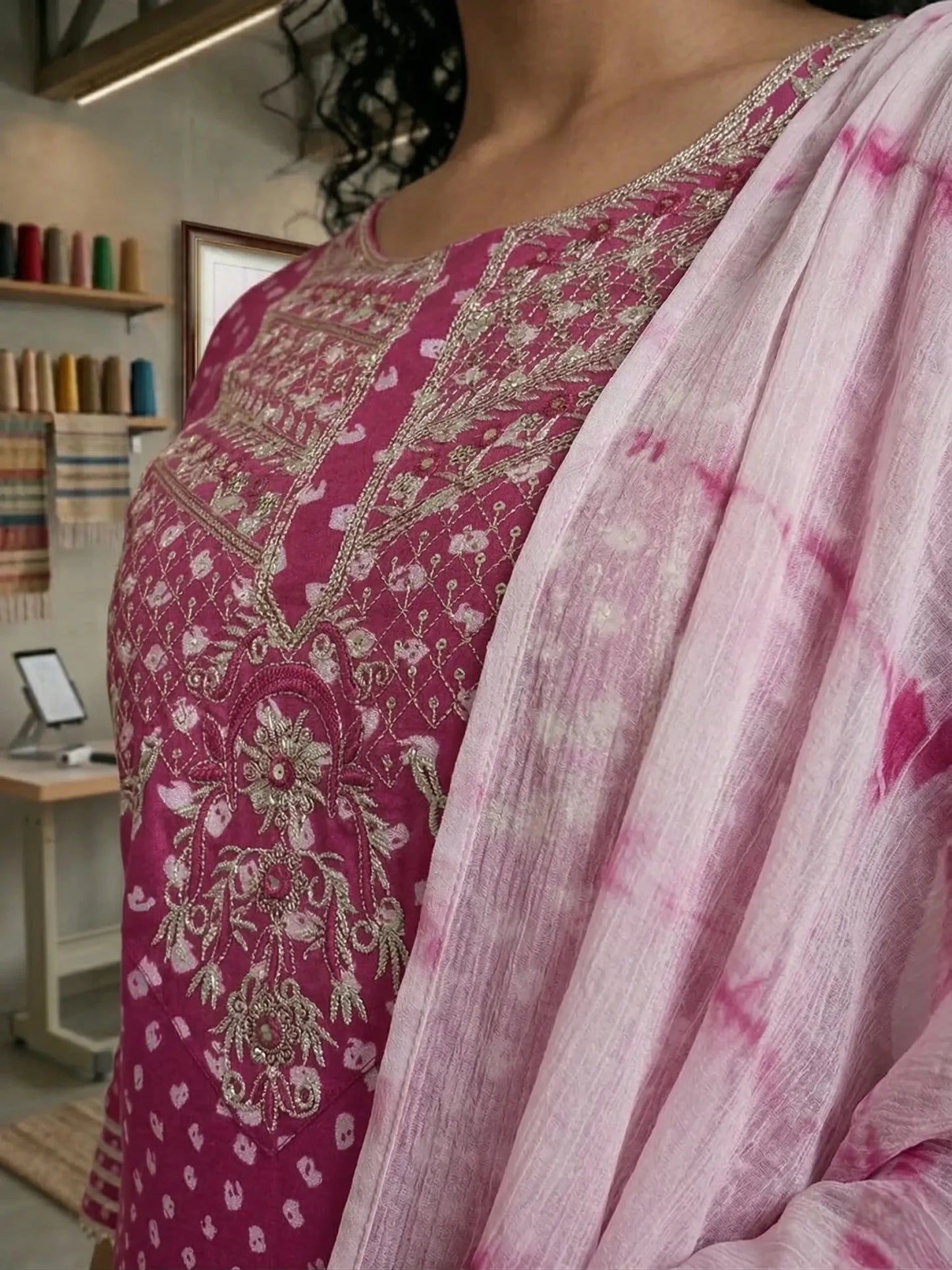 Hand - crafted Pink Bandhani Printed Rayon Kurta Set with Pants & Chiffon Dupatta with elegant handwork - LIBASTINO
