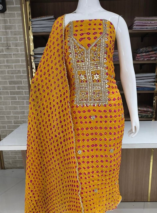 Hand - crafted Premium Art Silk Gadhchola Pattern Unstitched Suit Set with Heavy Gota Patti Handwork with elegant handwork - LIBASTINO