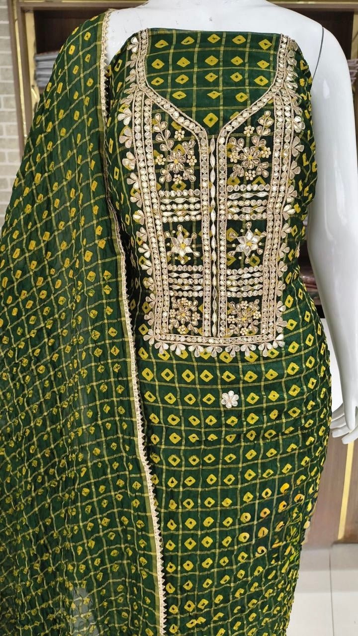 Hand - crafted Premium Art Silk Gadhchola Pattern Unstitched Suit Set with Heavy Gota Patti Handwork with elegant handwork - LIBASTINO
