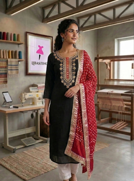 Hand - crafted Premium Chanderi Unstitched Suit with Gota Patti Handwork & Bandhani Dupatta with elegant handwork - LIBASTINO