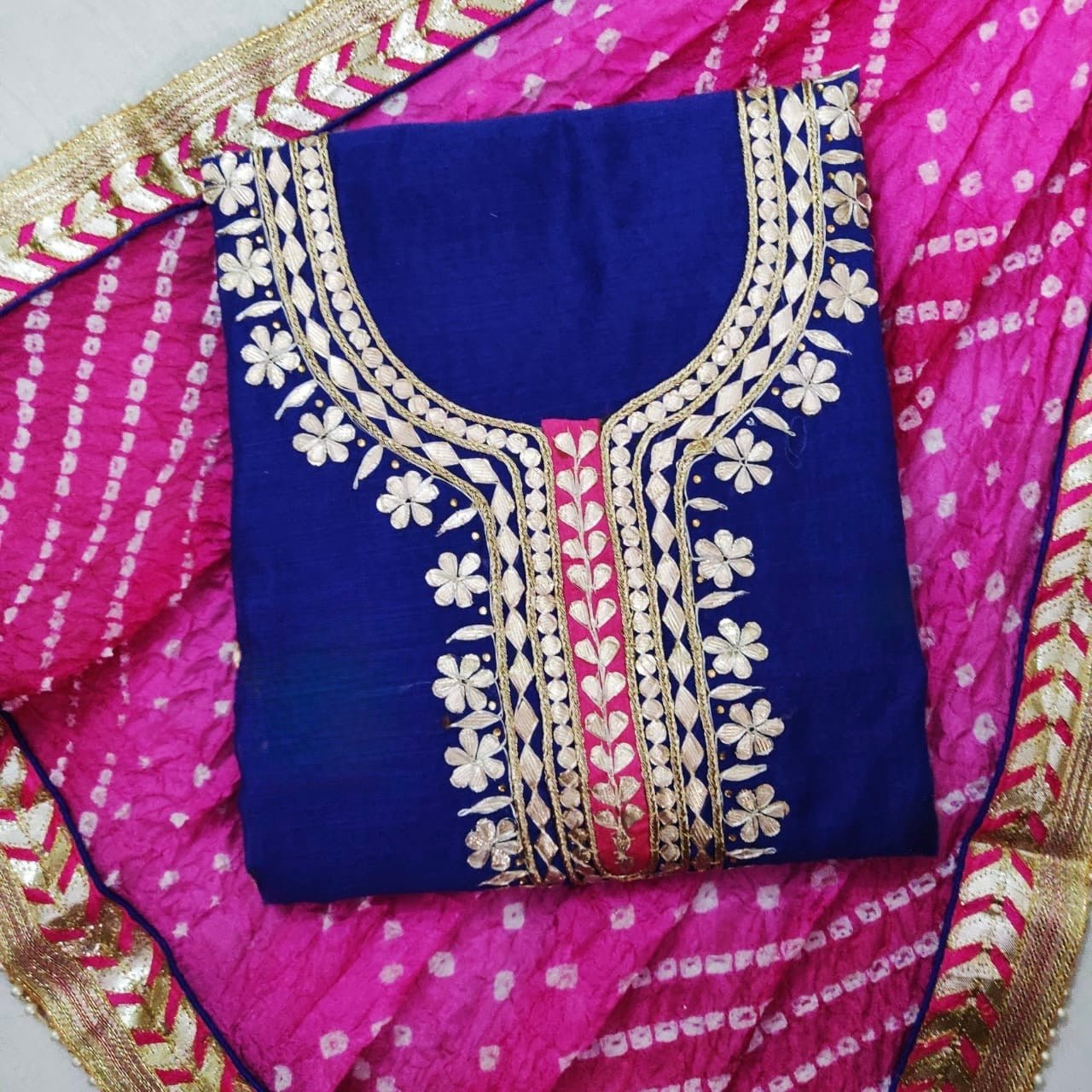 Hand-crafted Premium Chanderi Unstitched Suit with Gota Patti Handwork & Bandhani Dupatta with elegant handwork - LIBASTINO