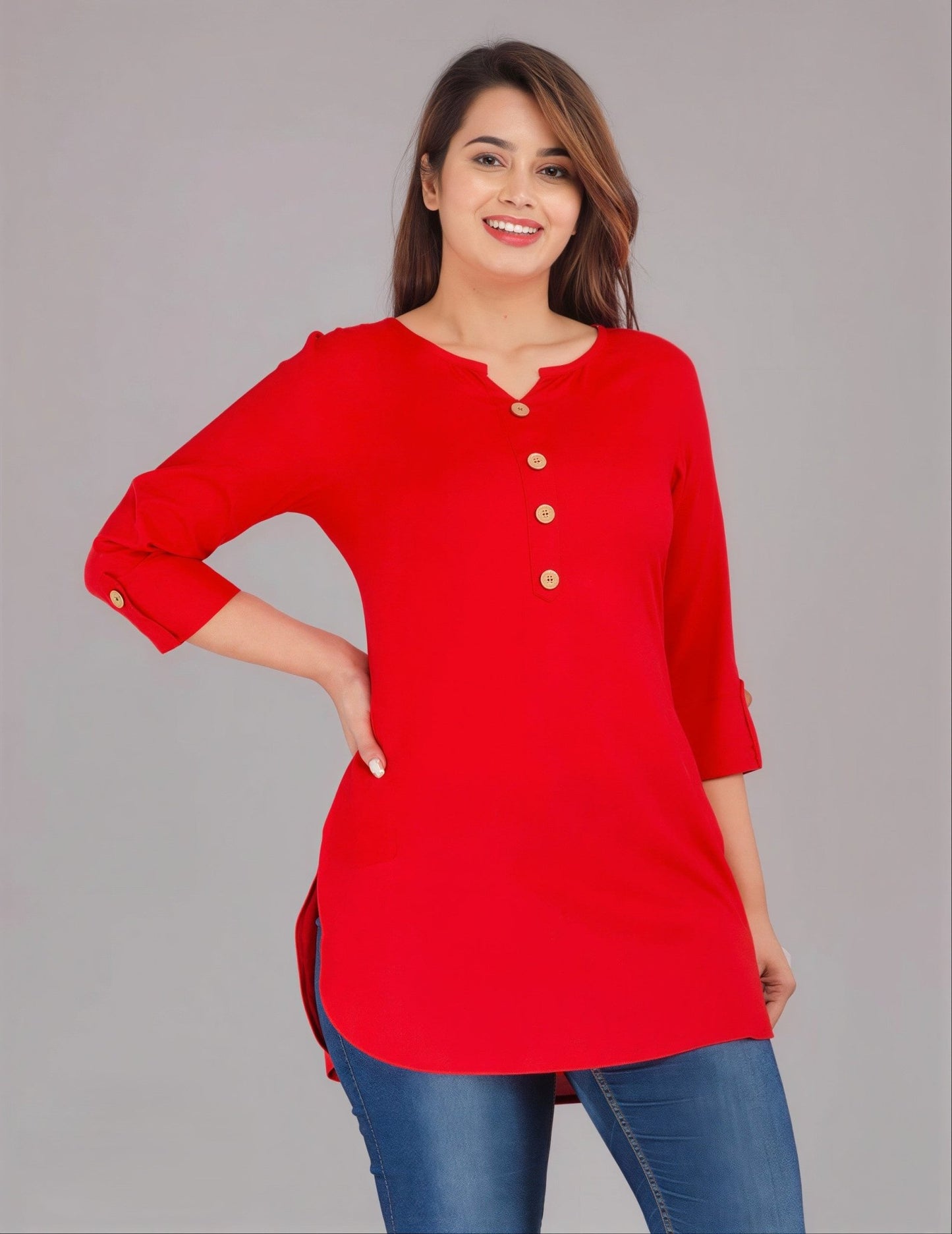 Hand - crafted Rayon Short Kurti with Wooden Buttons with elegant handwork - LIBASTINO