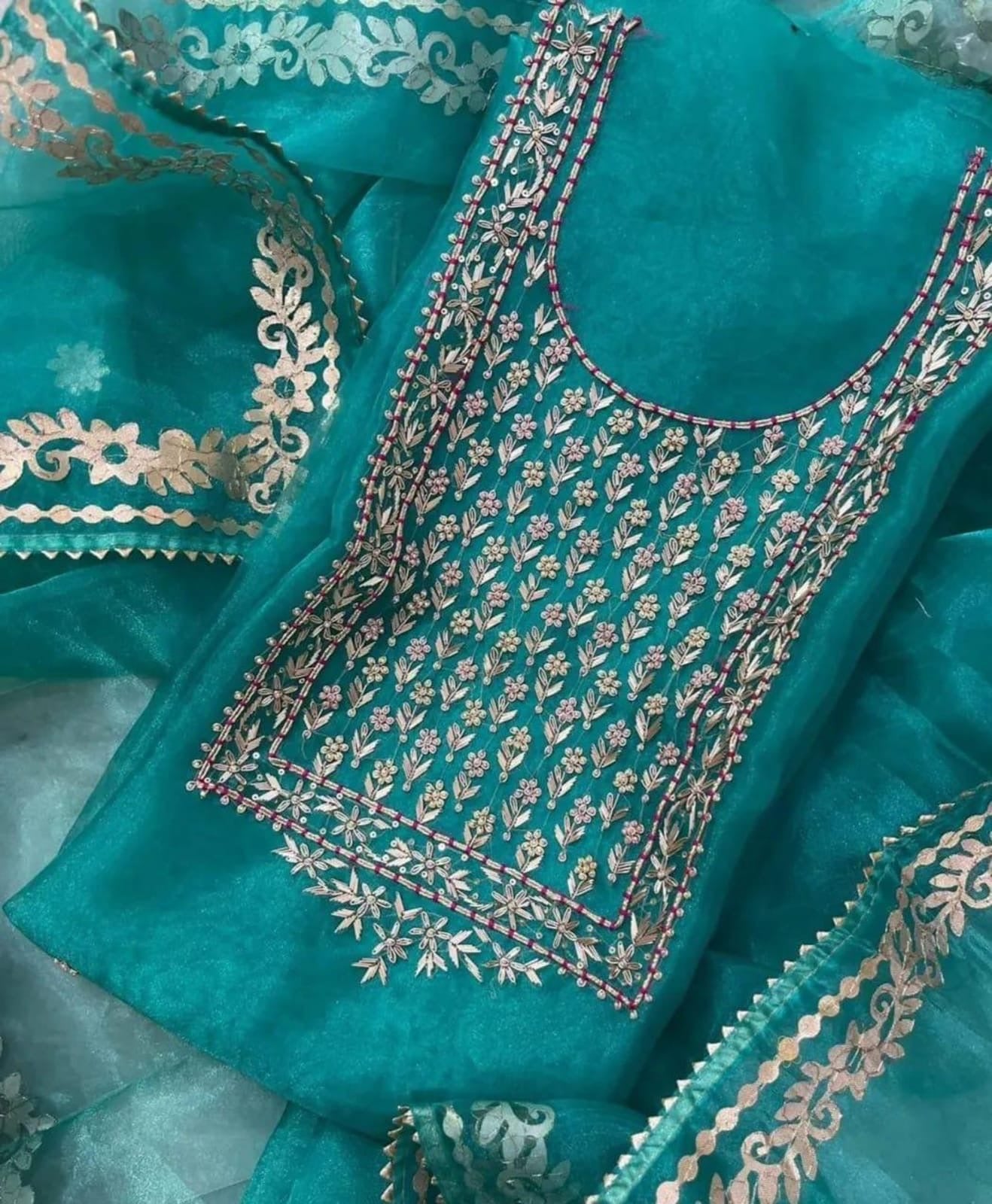Hand - crafted Sea Green Hand - Crafted Suit Set with Intricate Gota Patti & Zardozi Work with elegant handwork - LIBASTINO