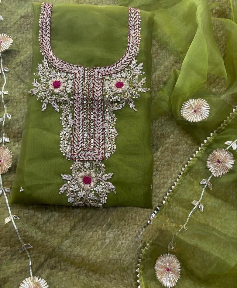 Hand - crafted Un - Stitched Zardoji Organza Suit with Charkhi Gota Dupatta with elegant handwork - LIBASTINO