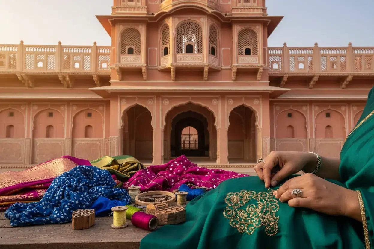 Person embroiderying on fabric with a traditional building in the background