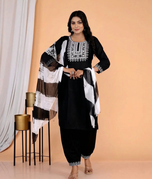 Hand - crafted Elegant Black Rayon Kurta Set with White Resham Embroidery and Shibori Print Dupatta with elegant handwork - LIBASTINO