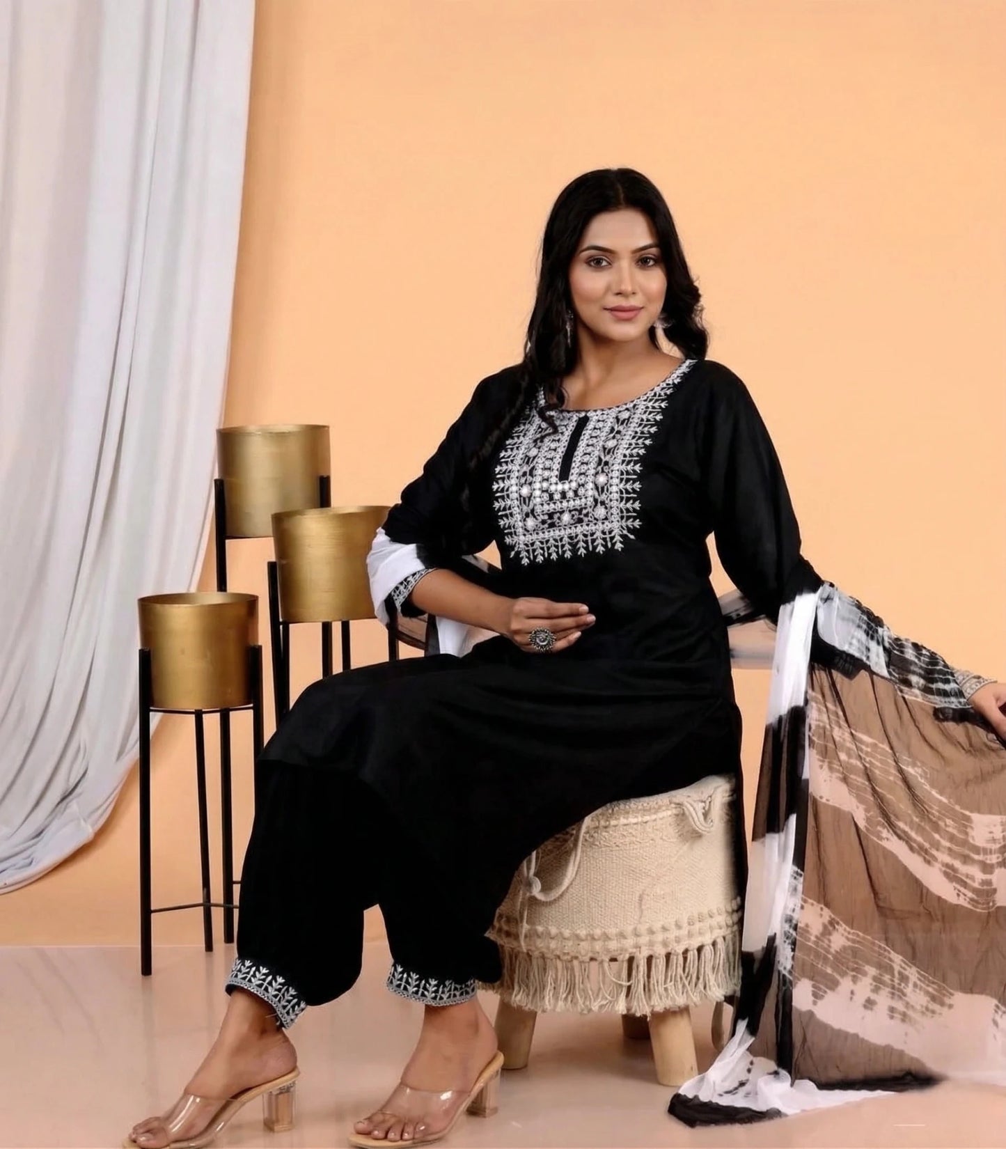 Hand - crafted Elegant Black Rayon Kurta Set with White Resham Embroidery and Shibori Print Dupatta with elegant handwork - LIBASTINO