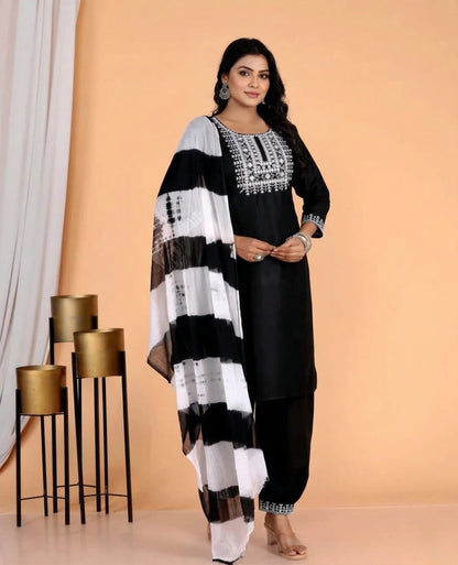 Hand - crafted Elegant Black Rayon Kurta Set with White Resham Embroidery and Shibori Print Dupatta with elegant handwork - LIBASTINO