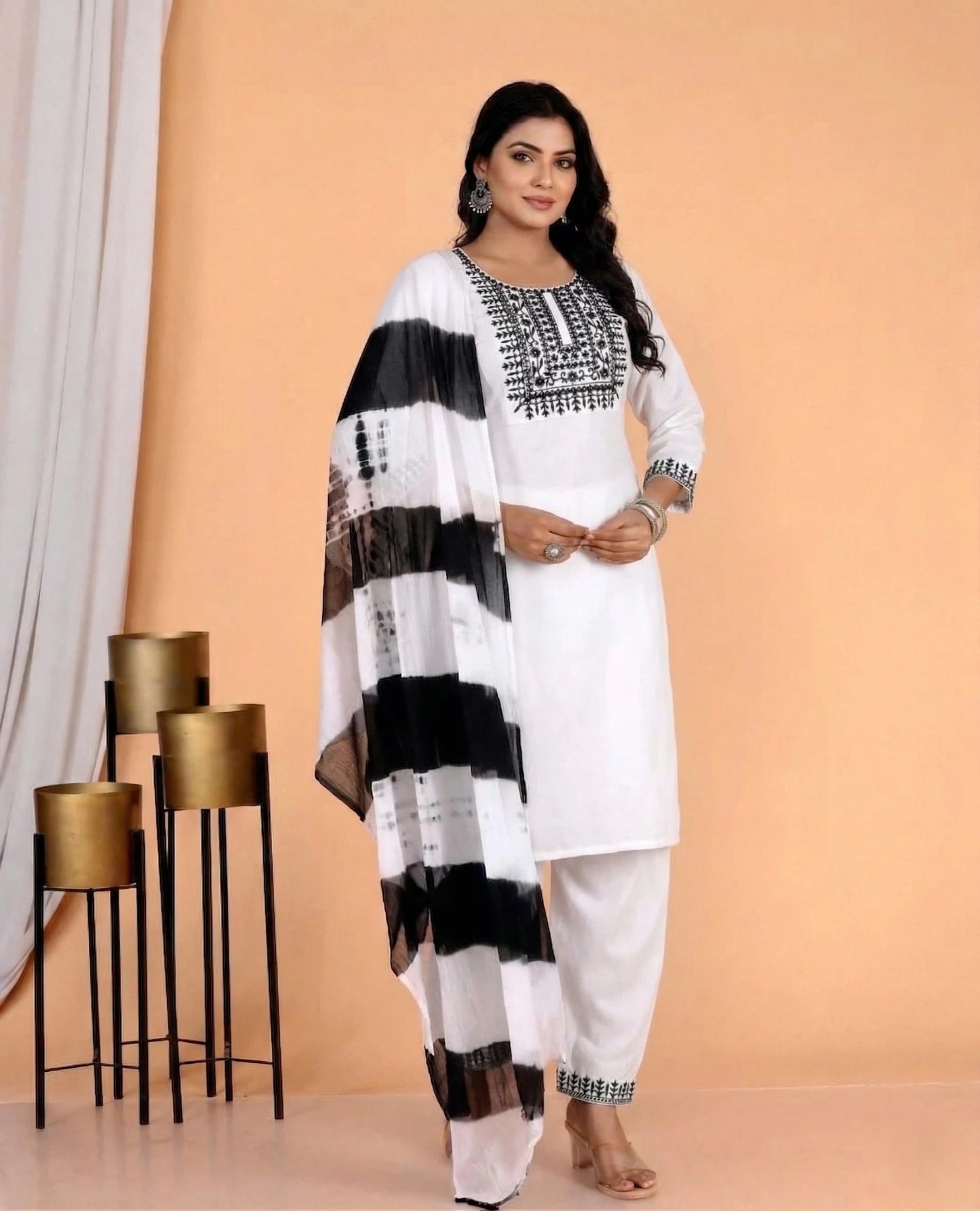 Hand - crafted Elegant White Rayon Kurta Set with Black Resham Embroidery and Shibori Print Dupatta with elegant handwork - LIBASTINO