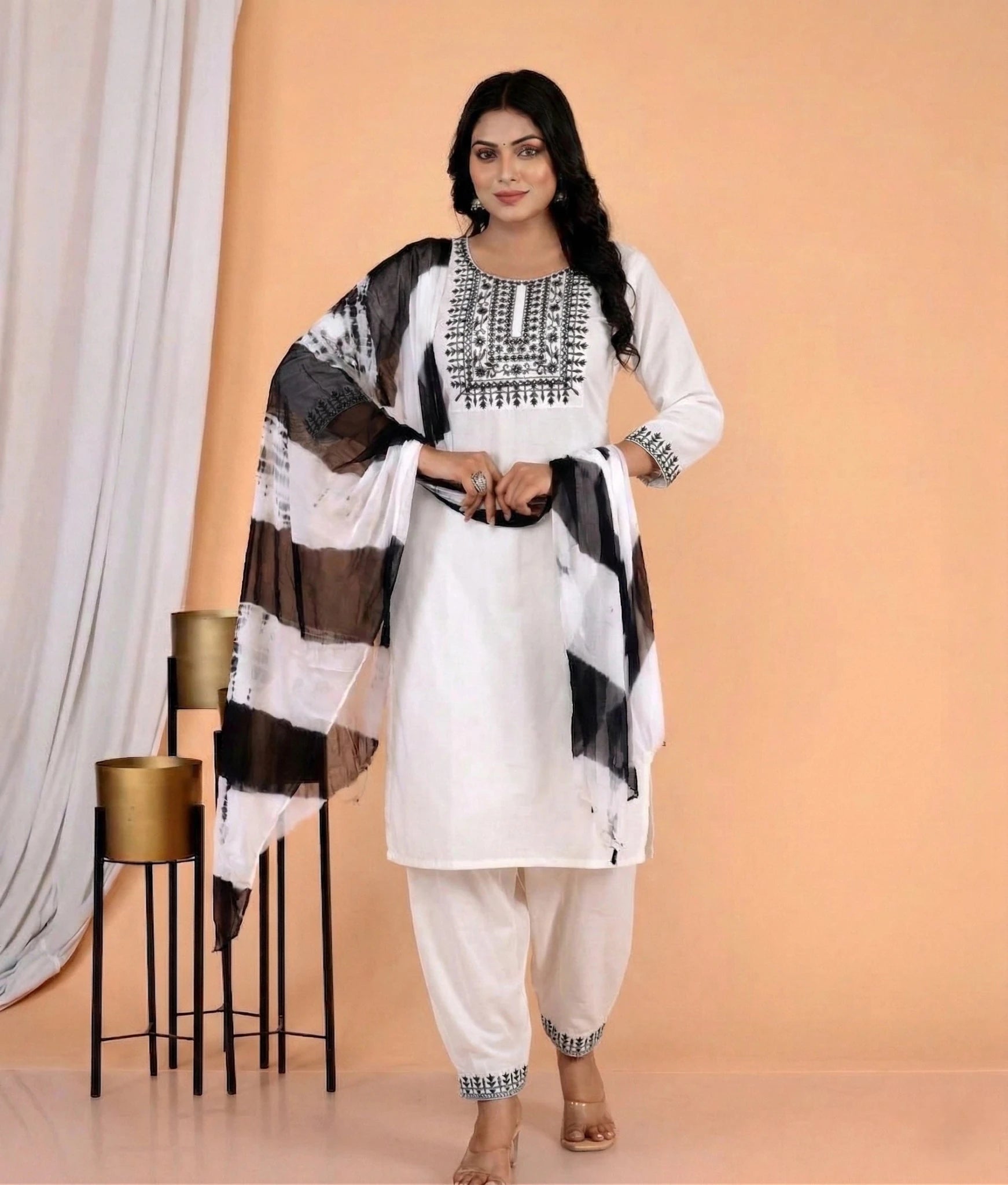 Hand - crafted Elegant White Rayon Kurta Set with Black Resham Embroidery and Shibori Print Dupatta with elegant handwork - LIBASTINO