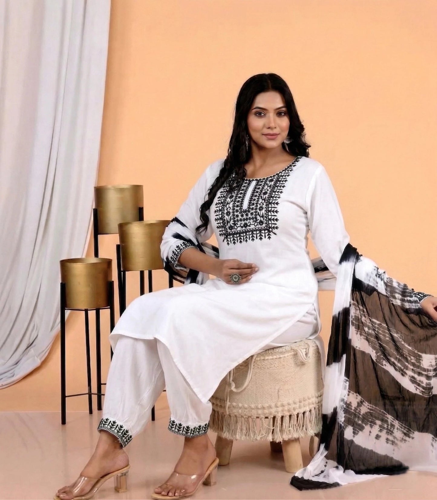 Hand - crafted Elegant White Rayon Kurta Set with Black Resham Embroidery and Shibori Print Dupatta with elegant handwork - LIBASTINO