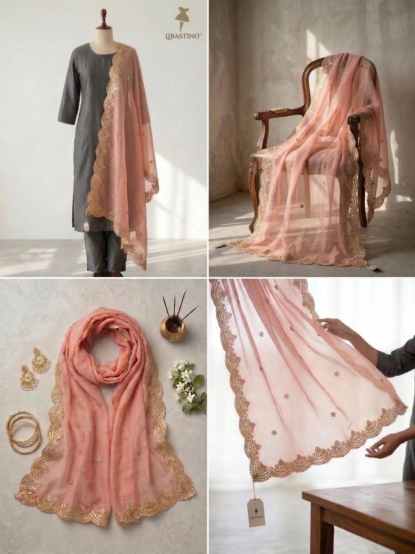 Hand - crafted Fancy Organza Dupatta with Heavy Embroidery Gota Patti Border with elegant handwork - LIBASTINO