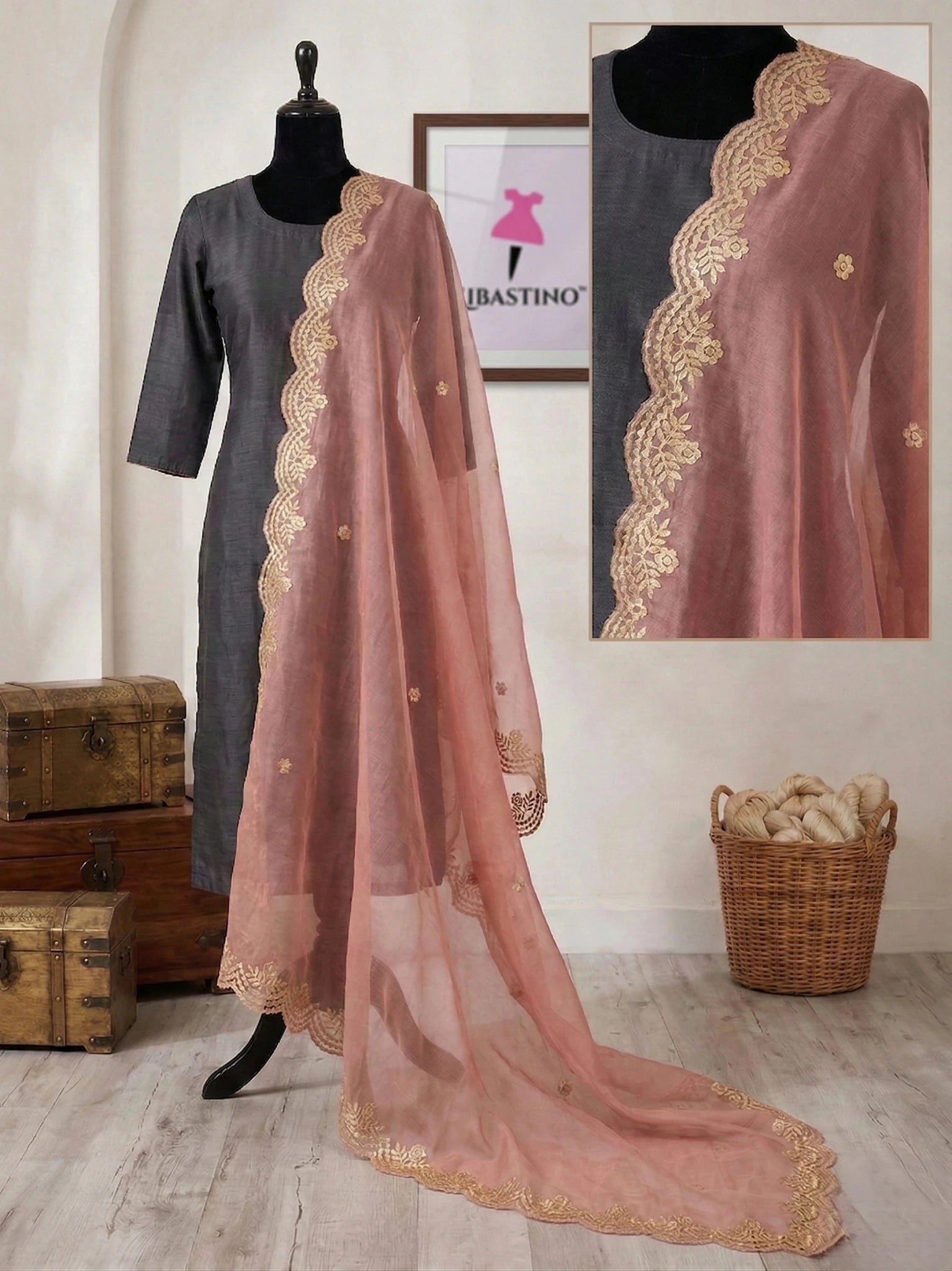 Hand - crafted Fancy Organza Dupatta with Heavy Embroidery Gota Patti Border with elegant handwork - LIBASTINO
