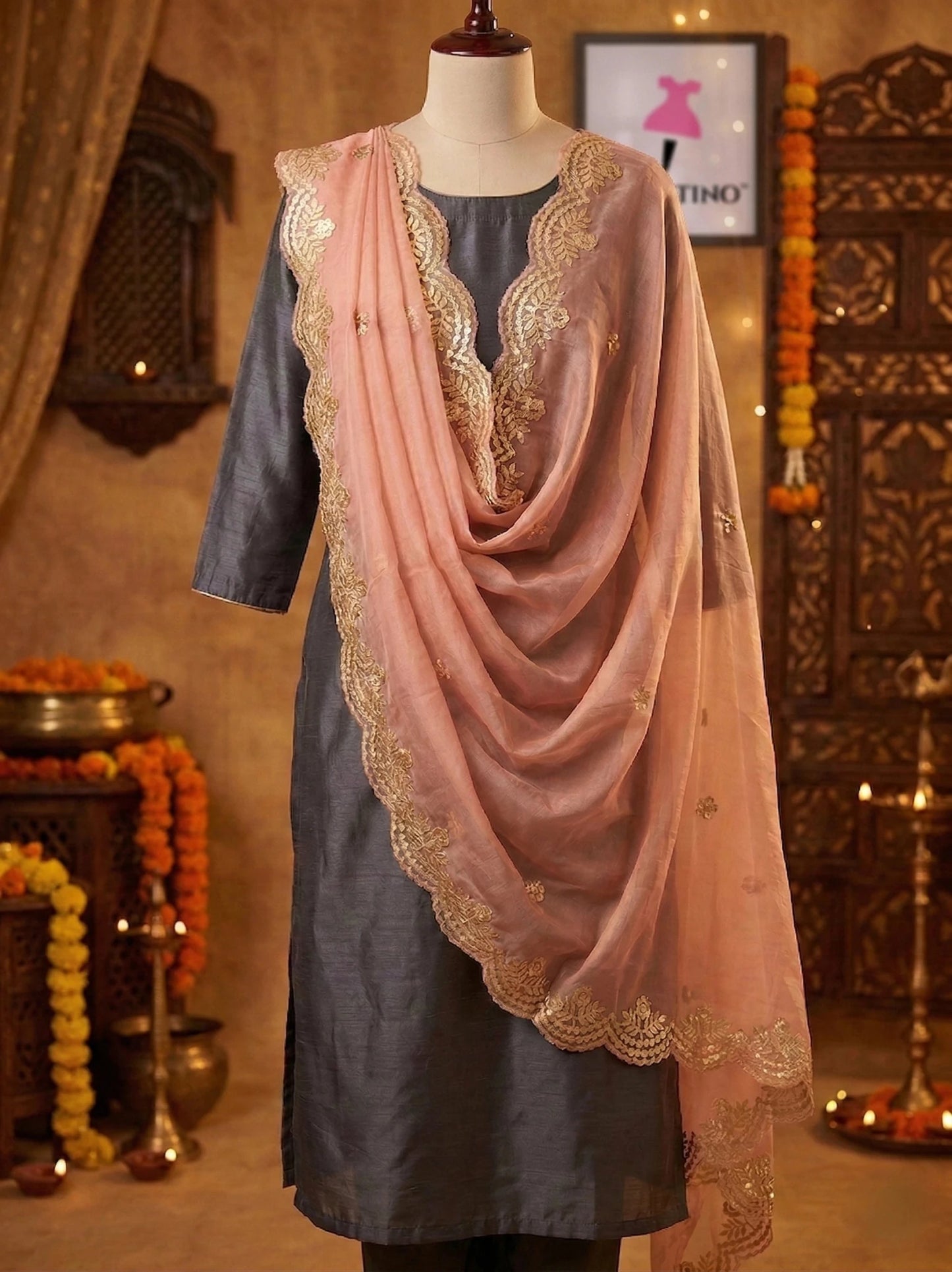 Hand - crafted Fancy Organza Dupatta with Heavy Embroidery Gota Patti Border with elegant handwork - LIBASTINO