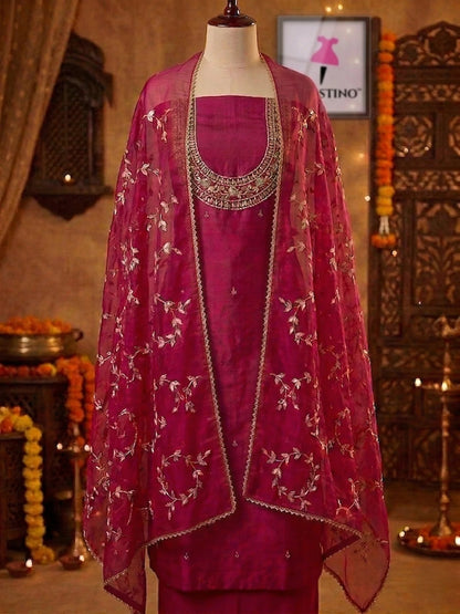 Hand - crafted Hand Embroidered Rani Pink Salwar Kameez for Women: Handmade Punjabi Suit for Wedding with elegant handwork - LIBASTINO