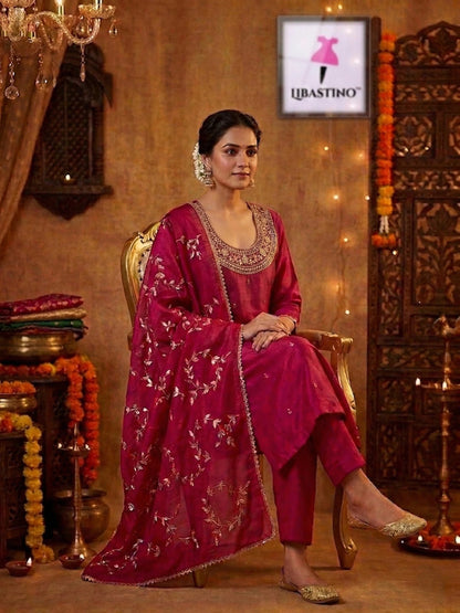 Hand - crafted Hand Embroidered Rani Pink Salwar Kameez for Women: Handmade Punjabi Suit for Wedding with elegant handwork - LIBASTINO