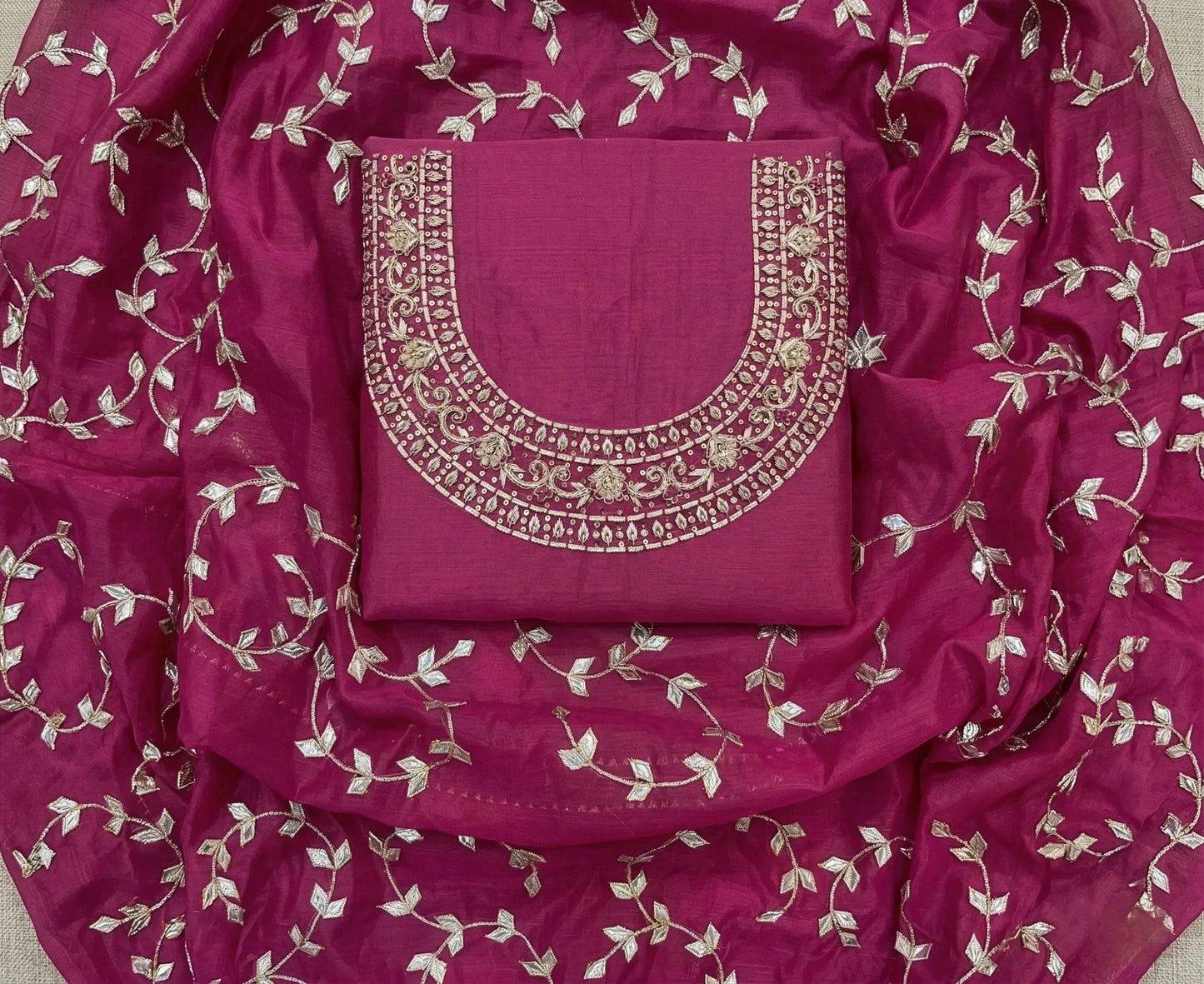 Hand - crafted Hand Embroidered Rani Pink Salwar Kameez for Women: Handmade Punjabi Suit for Wedding with elegant handwork - LIBASTINO