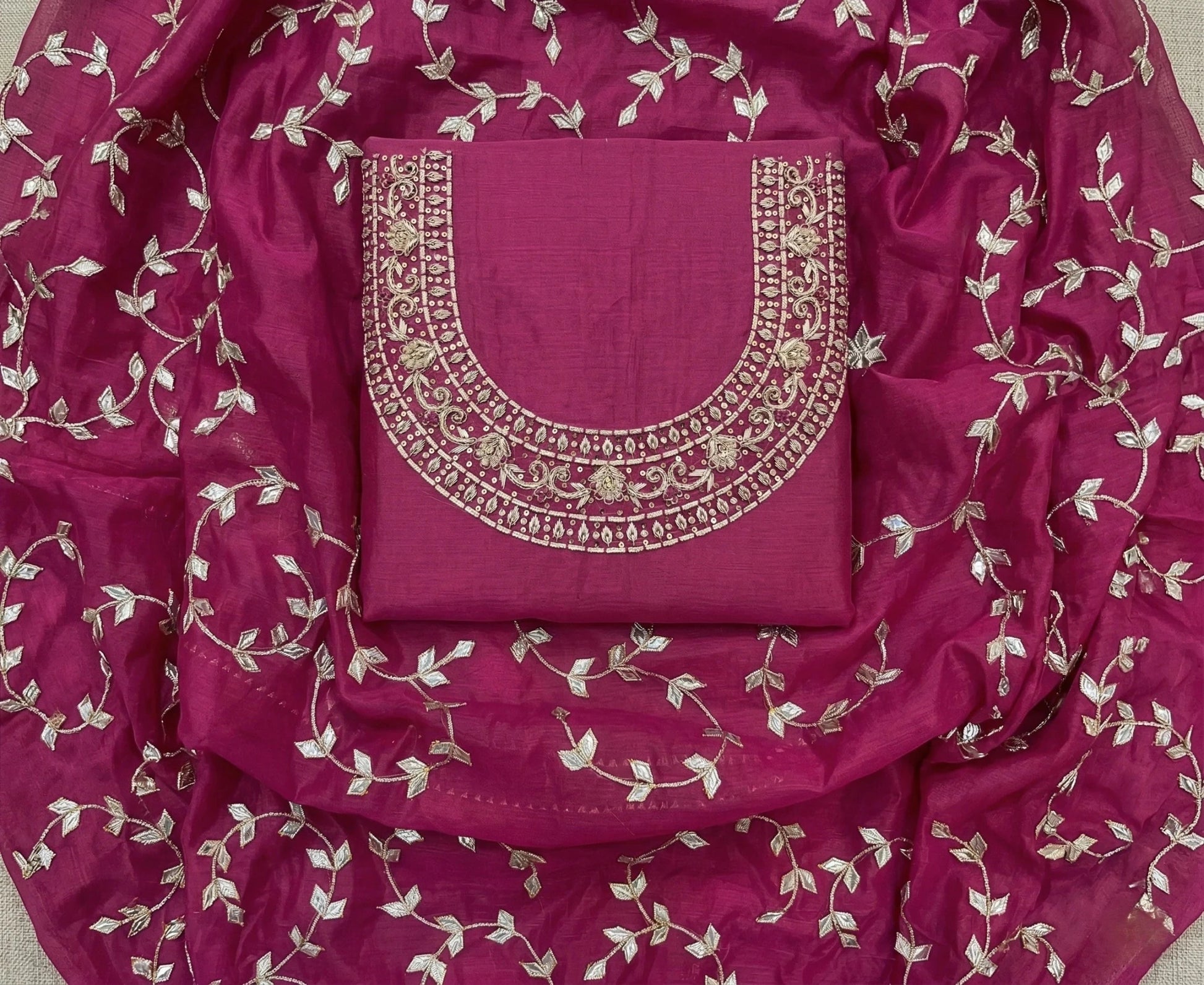 Hand - crafted Hand Embroidered Rani Pink Salwar Kameez for Women: Handmade Punjabi Suit for Wedding with elegant handwork - LIBASTINO