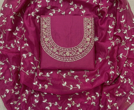 Hand - crafted Hand Embroidered Rani Pink Salwar Kameez for Women: Handmade Punjabi Suit for Wedding with elegant handwork - LIBASTINO