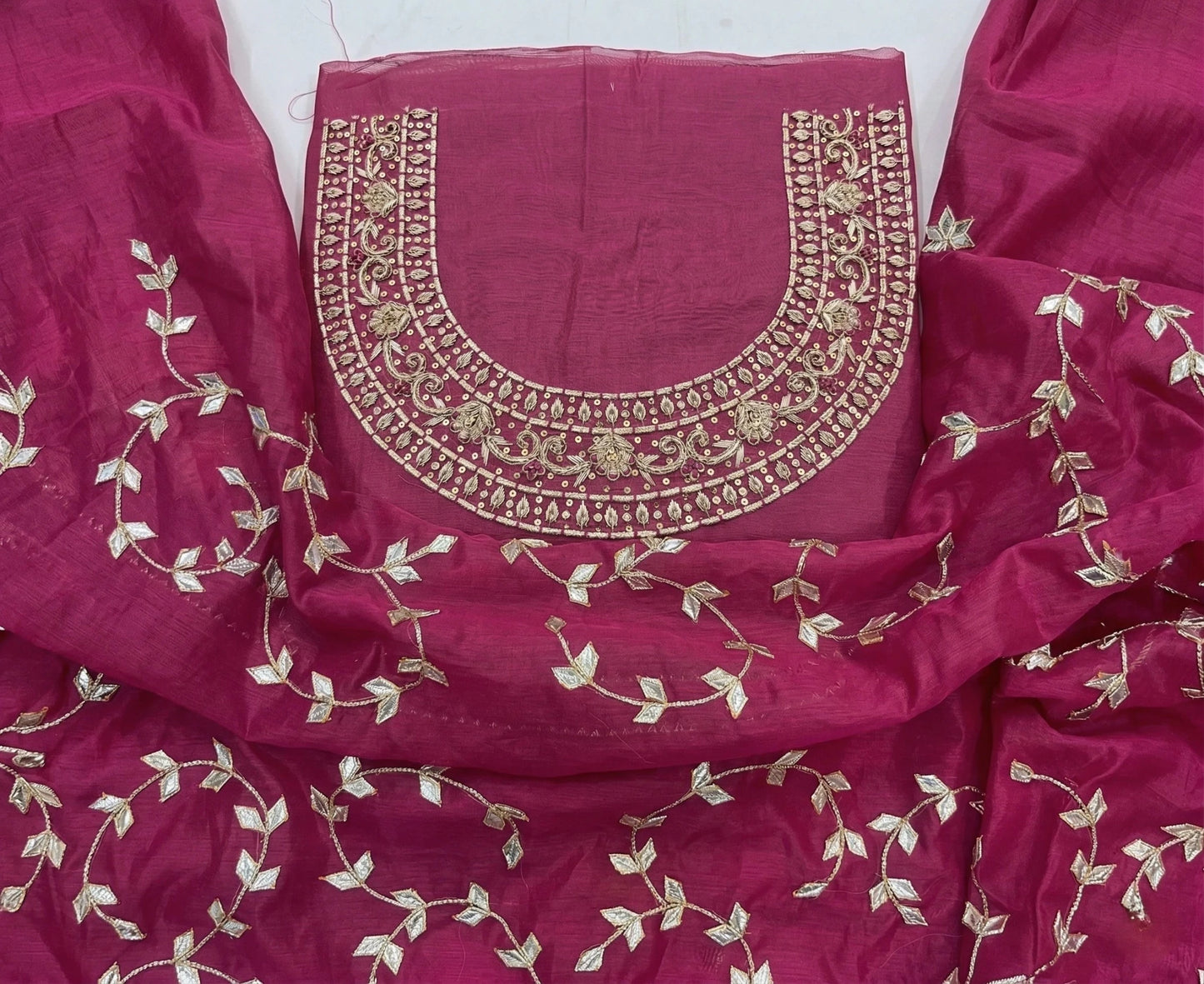 Hand - crafted Hand Embroidered Rani Pink Salwar Kameez for Women: Handmade Punjabi Suit for Wedding with elegant handwork - LIBASTINO