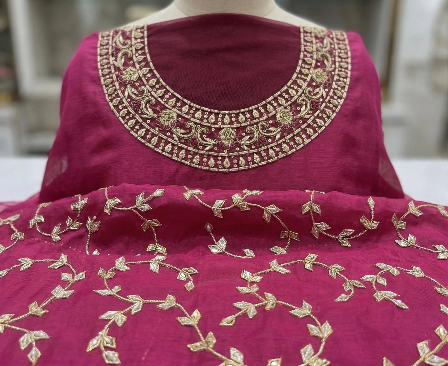 Hand - crafted Hand Embroidered Rani Pink Salwar Kameez for Women: Handmade Punjabi Suit for Wedding with elegant handwork - LIBASTINO