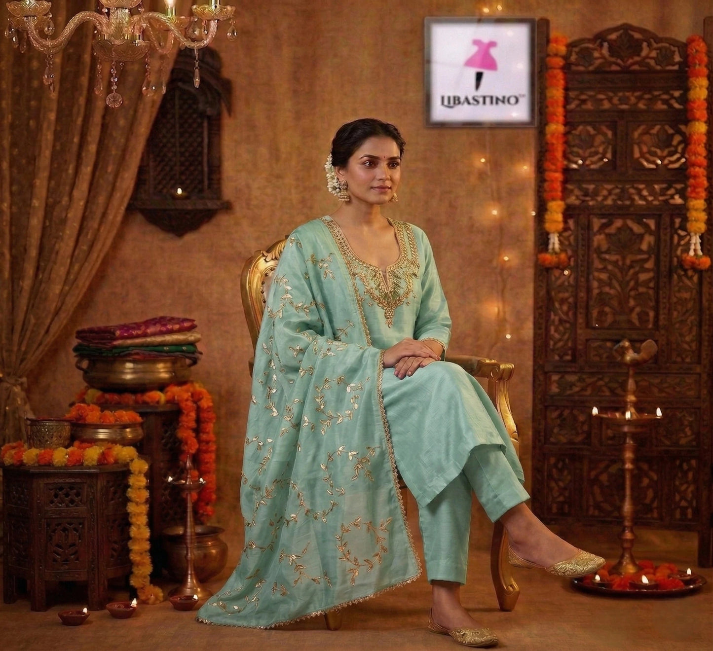 Hand - crafted Hand Embroidered Unstitched Suit Set with Zardozi & Gota Patti Work with elegant handwork - LIBASTINO