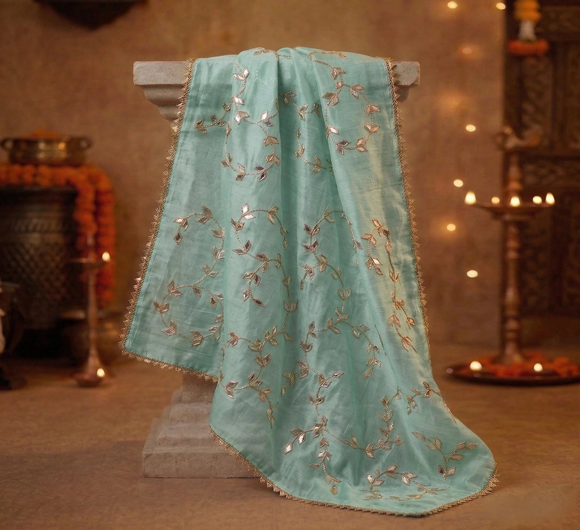Hand - crafted Hand Embroidered Unstitched Suit Set with Zardozi & Gota Patti Work with elegant handwork - LIBASTINO
