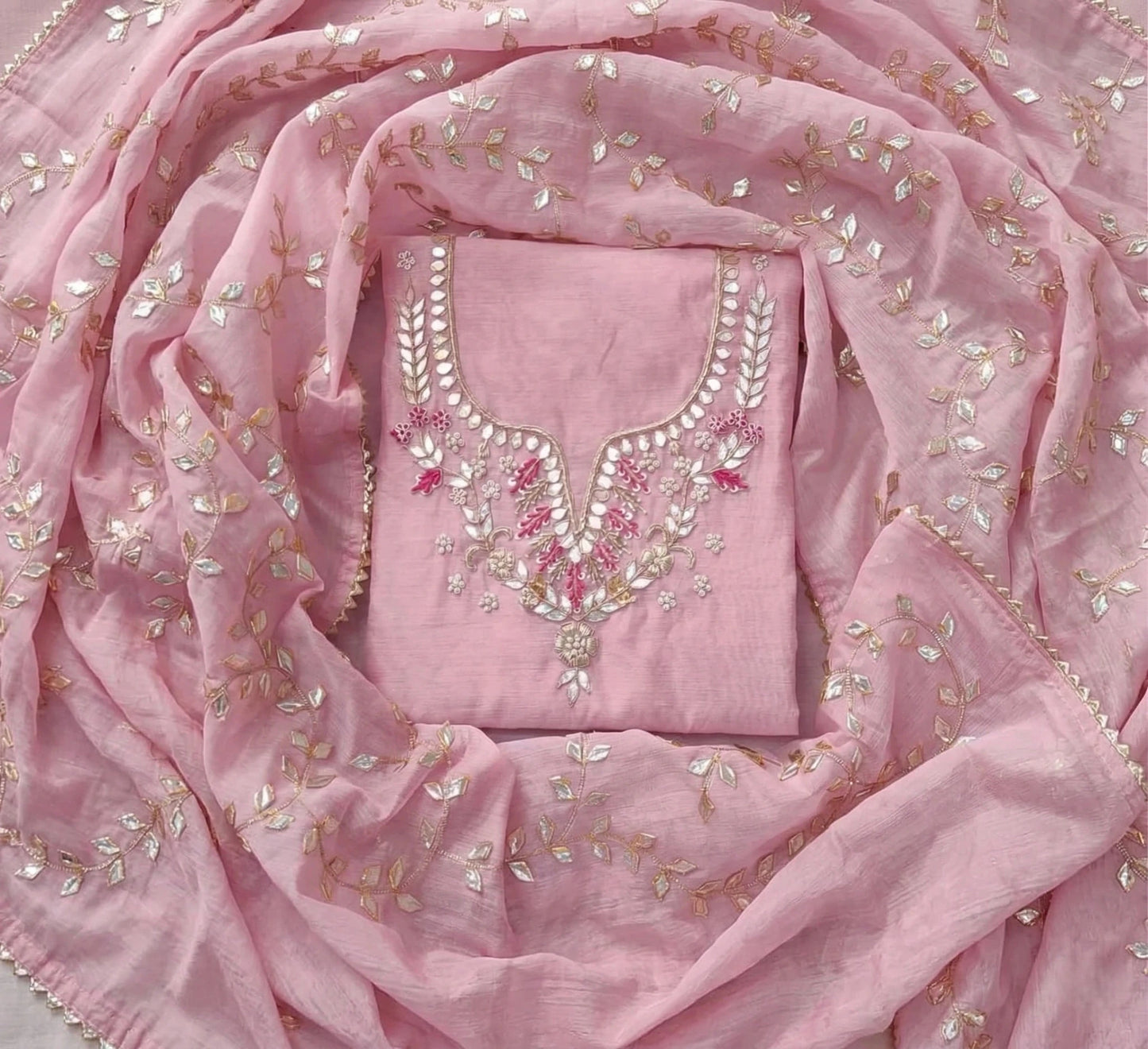 Hand - crafted Hand Embroidered Unstitched Suit Set with Zardozi & Gota Patti Work with elegant handwork - LIBASTINO