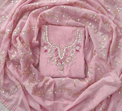 Hand - crafted Hand Embroidered Unstitched Suit Set with Zardozi & Gota Patti Work with elegant handwork - LIBASTINO