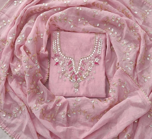 Hand - crafted Hand Embroidered Unstitched Suit Set with Zardozi & Gota Patti Work with elegant handwork - LIBASTINO