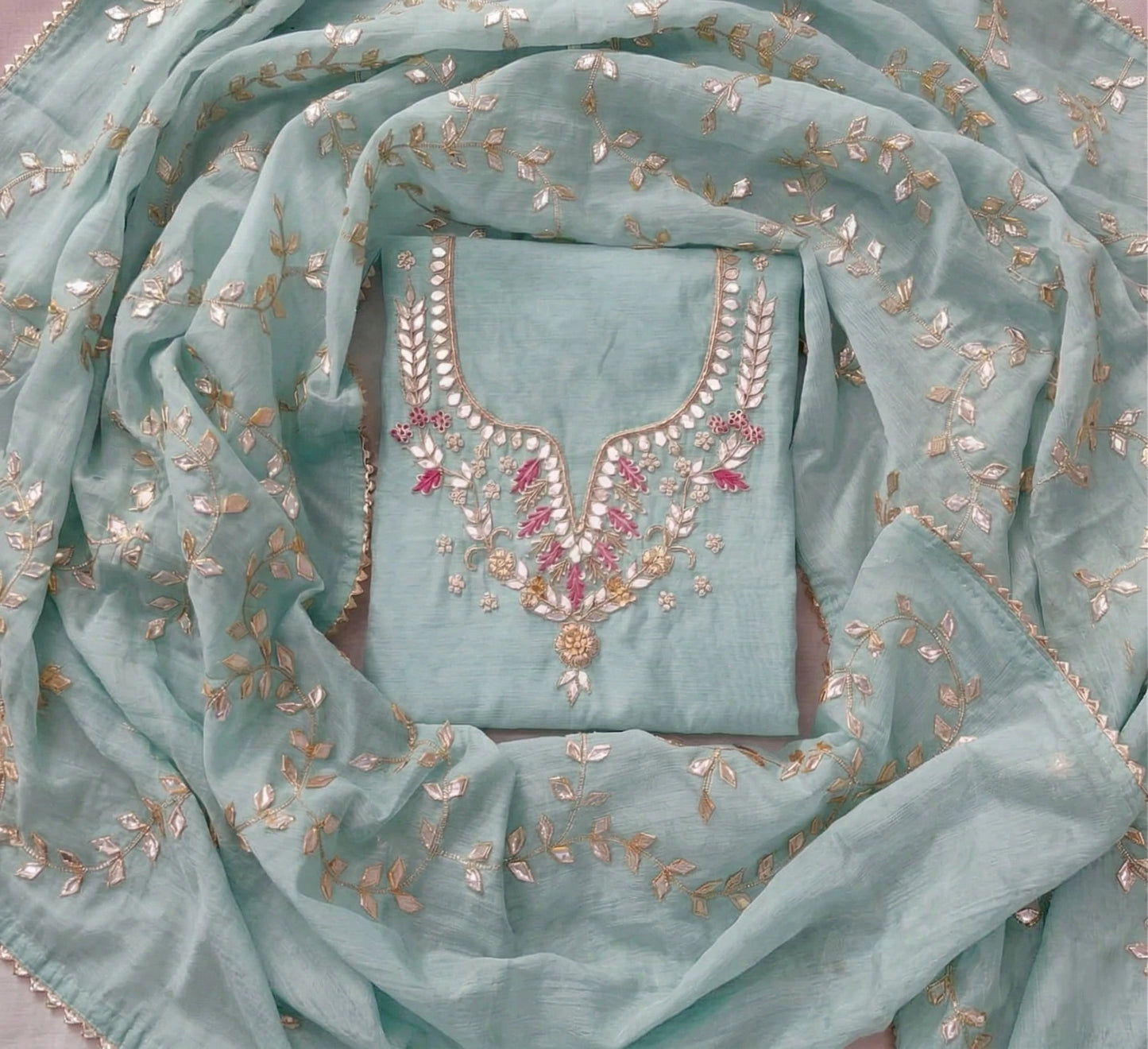 Hand - crafted Hand Embroidered Unstitched Suit Set with Zardozi & Gota Patti Work with elegant handwork - LIBASTINO
