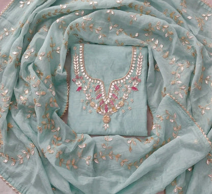 Hand - crafted Hand Embroidered Unstitched Suit Set with Zardozi & Gota Patti Work with elegant handwork - LIBASTINO