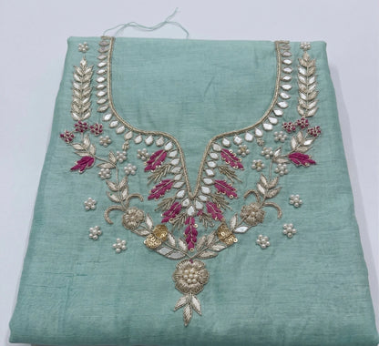 Hand - crafted Hand Embroidered Unstitched Suit Set with Zardozi & Gota Patti Work with elegant handwork - LIBASTINO