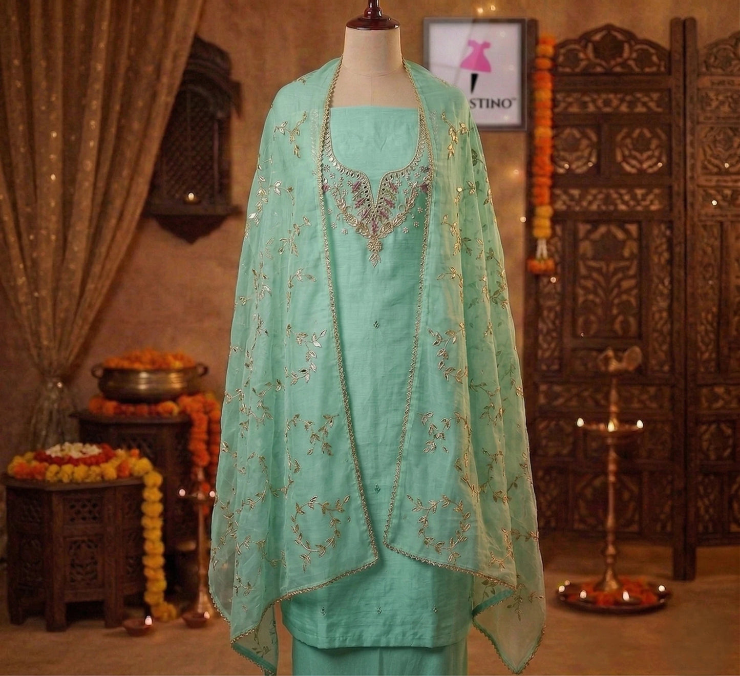 Hand - crafted Hand Embroidered Unstitched Suit Set with Zardozi & Gota Patti Work with elegant handwork - LIBASTINO