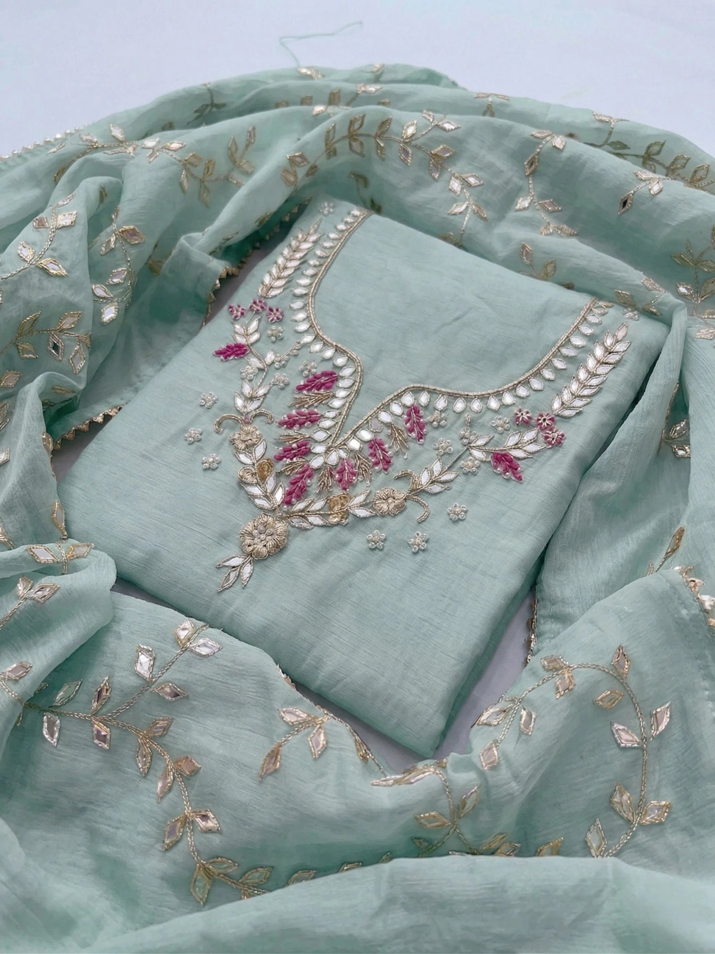 Hand - crafted Hand Embroidered Unstitched Suit Set with Zardozi & Gota Patti Work with elegant handwork - LIBASTINO