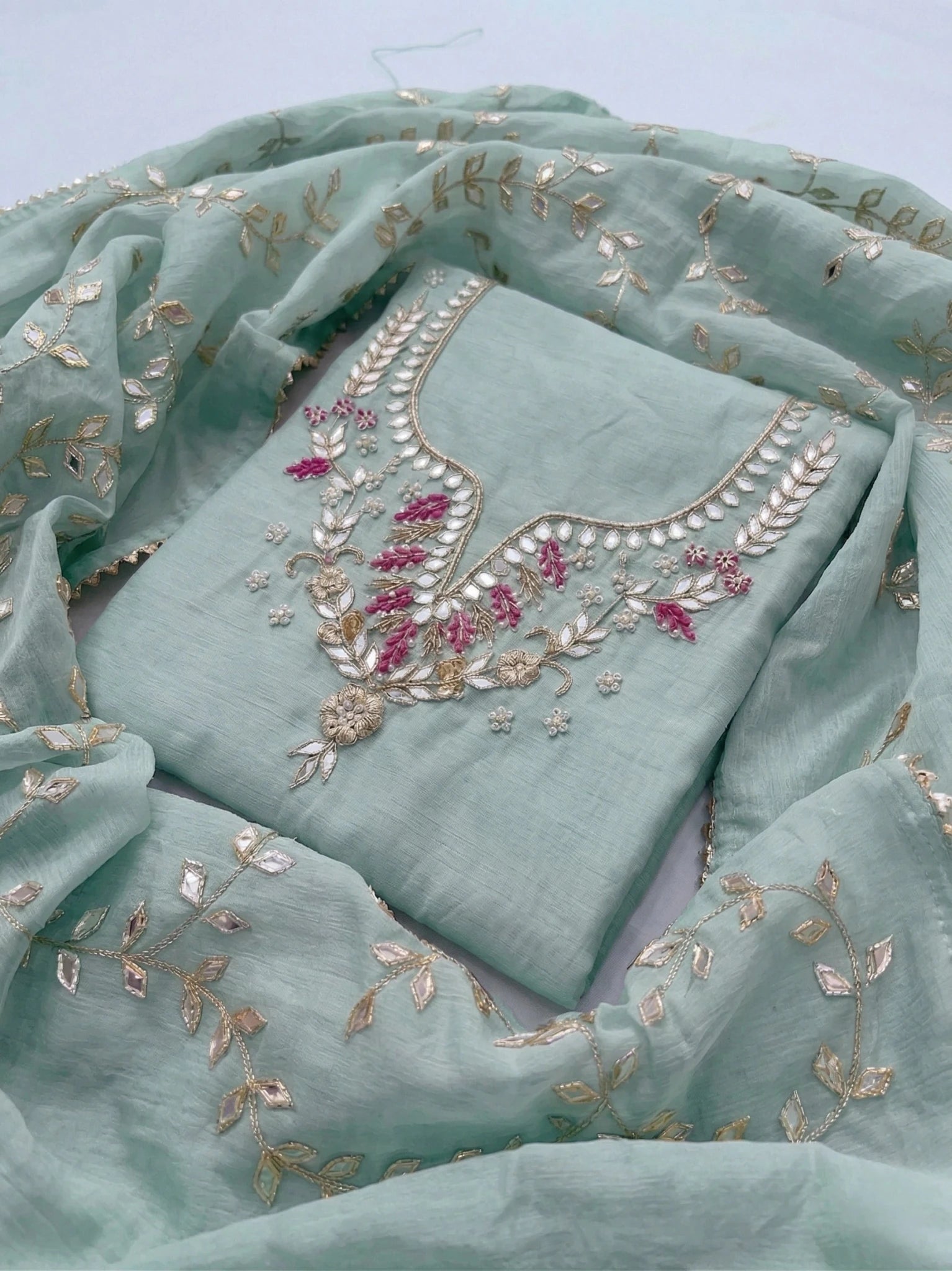 Hand - crafted Hand Embroidered Unstitched Suit Set with Zardozi & Gota Patti Work with elegant handwork - LIBASTINO