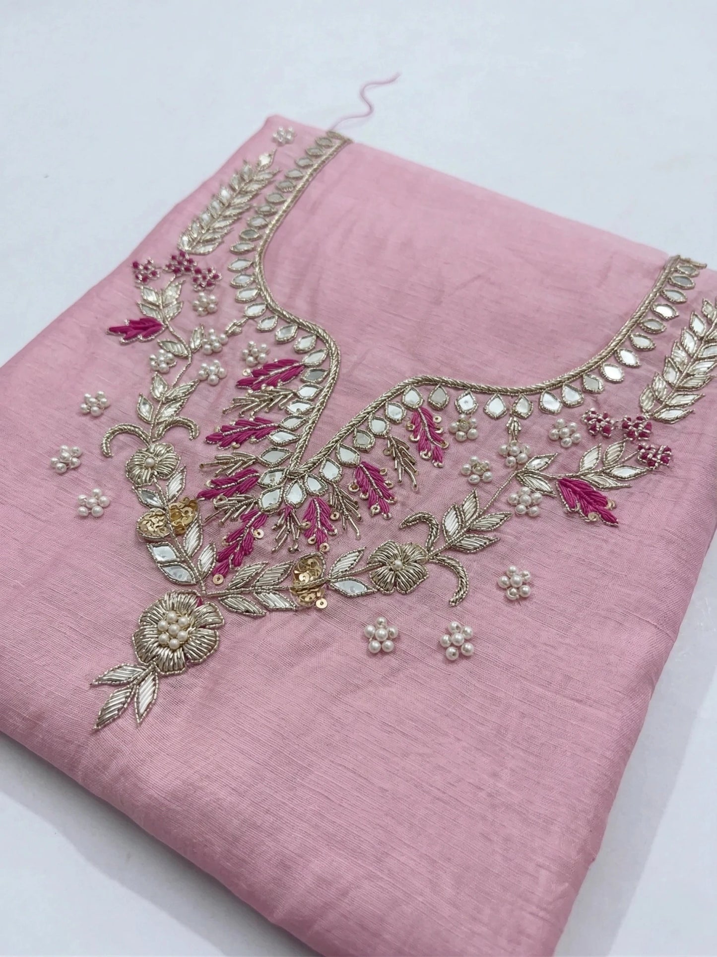 Hand - crafted Hand Embroidered Unstitched Suit Set with Zardozi & Gota Patti Work with elegant handwork - LIBASTINO