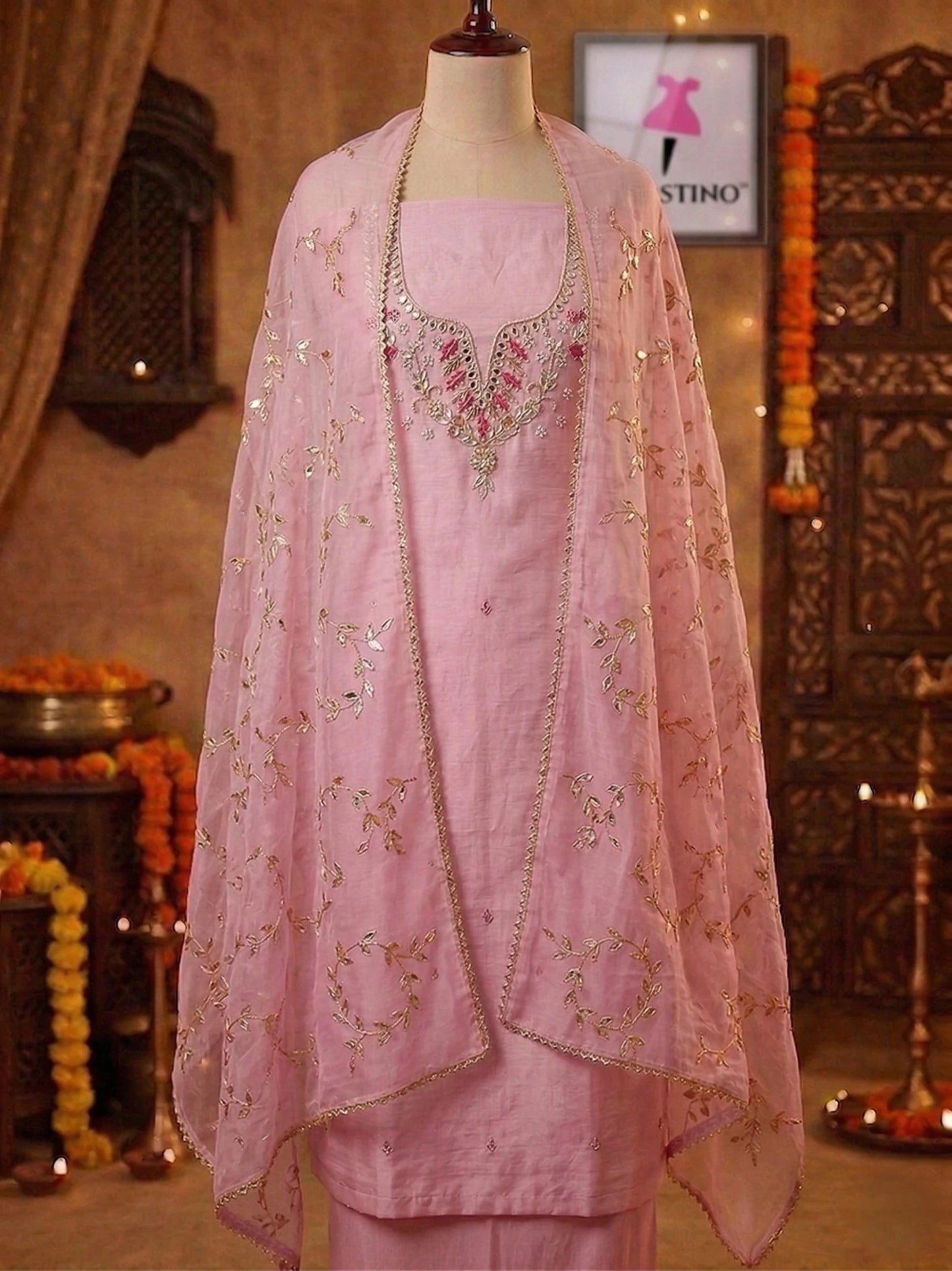 Hand - crafted Hand Embroidered Unstitched Suit Set with Zardozi & Gota Patti Work with elegant handwork - LIBASTINO