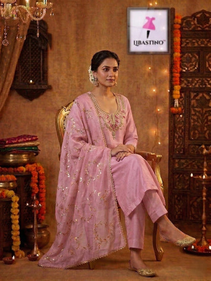 Hand - crafted Hand Embroidered Unstitched Suit Set with Zardozi & Gota Patti Work with elegant handwork - LIBASTINO