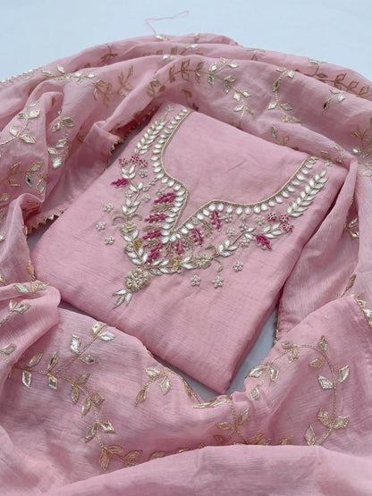 Hand - crafted Hand Embroidered Unstitched Suit Set with Zardozi & Gota Patti Work with elegant handwork - LIBASTINO