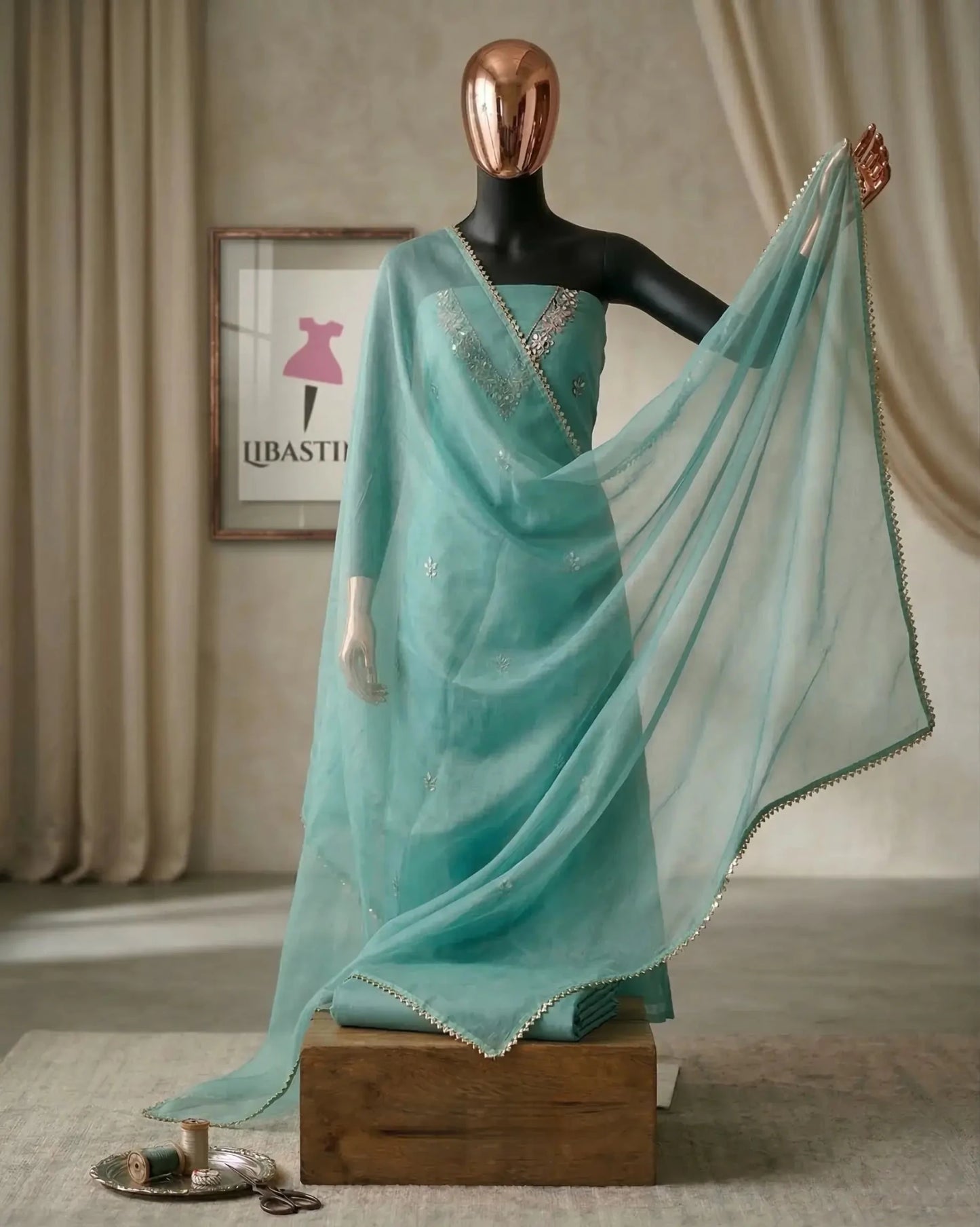 Hand - crafted Handcrafted Firozi Colour Organza Salwar Kameez : Mirror Work, Punjabi Suit for Weddings with elegant handwork - LIBASTINO