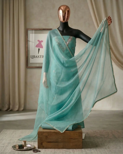 Hand - crafted Handcrafted Firozi Colour Organza Salwar Kameez : Mirror Work, Punjabi Suit for Weddings with elegant handwork - LIBASTINO