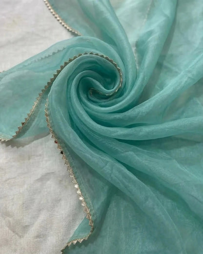 Hand - crafted Handcrafted Firozi Colour Organza Salwar Kameez : Mirror Work, Punjabi Suit for Weddings with elegant handwork - LIBASTINO