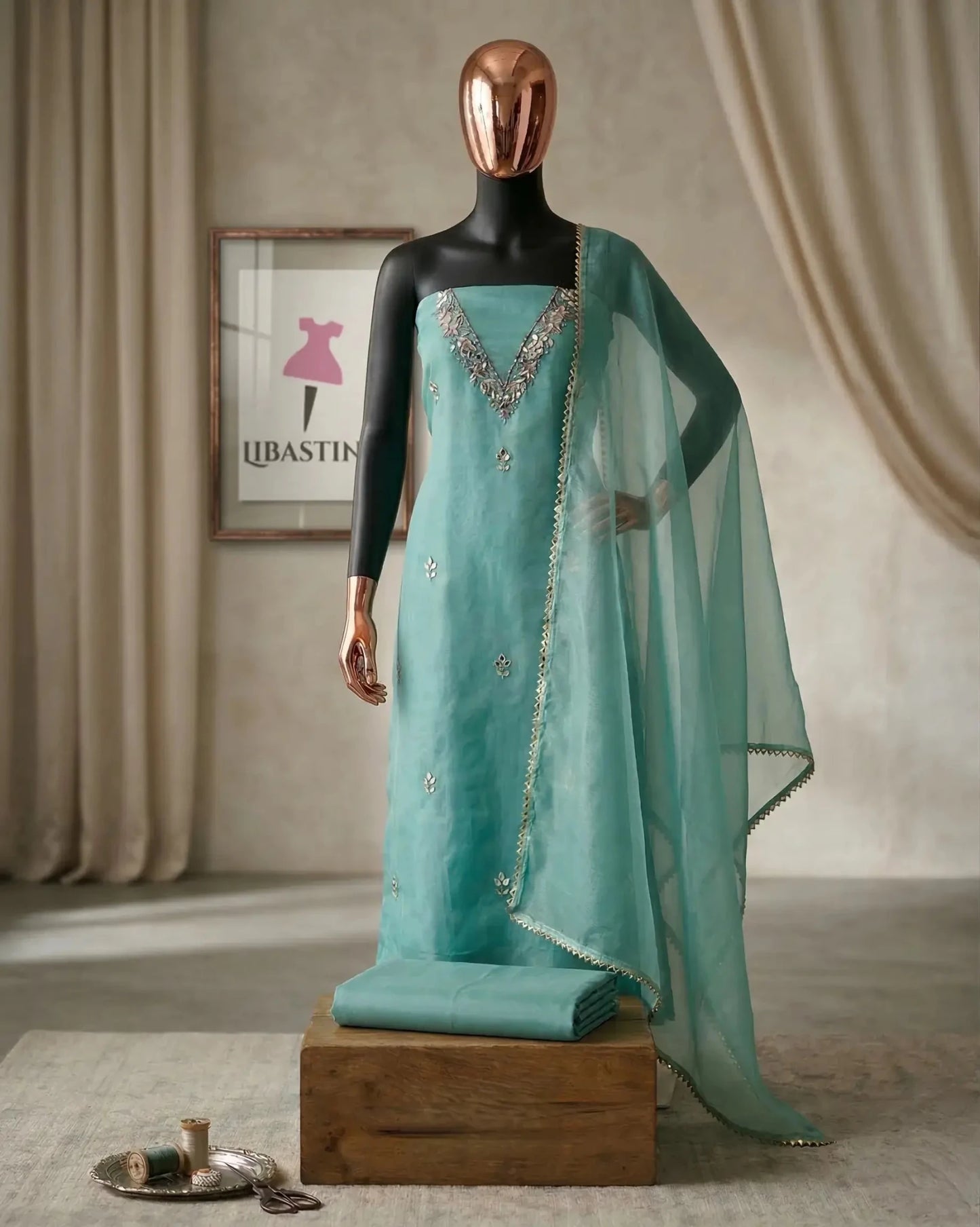 Hand - crafted Handcrafted Firozi Colour Organza Salwar Kameez : Mirror Work, Punjabi Suit for Weddings with elegant handwork - LIBASTINO