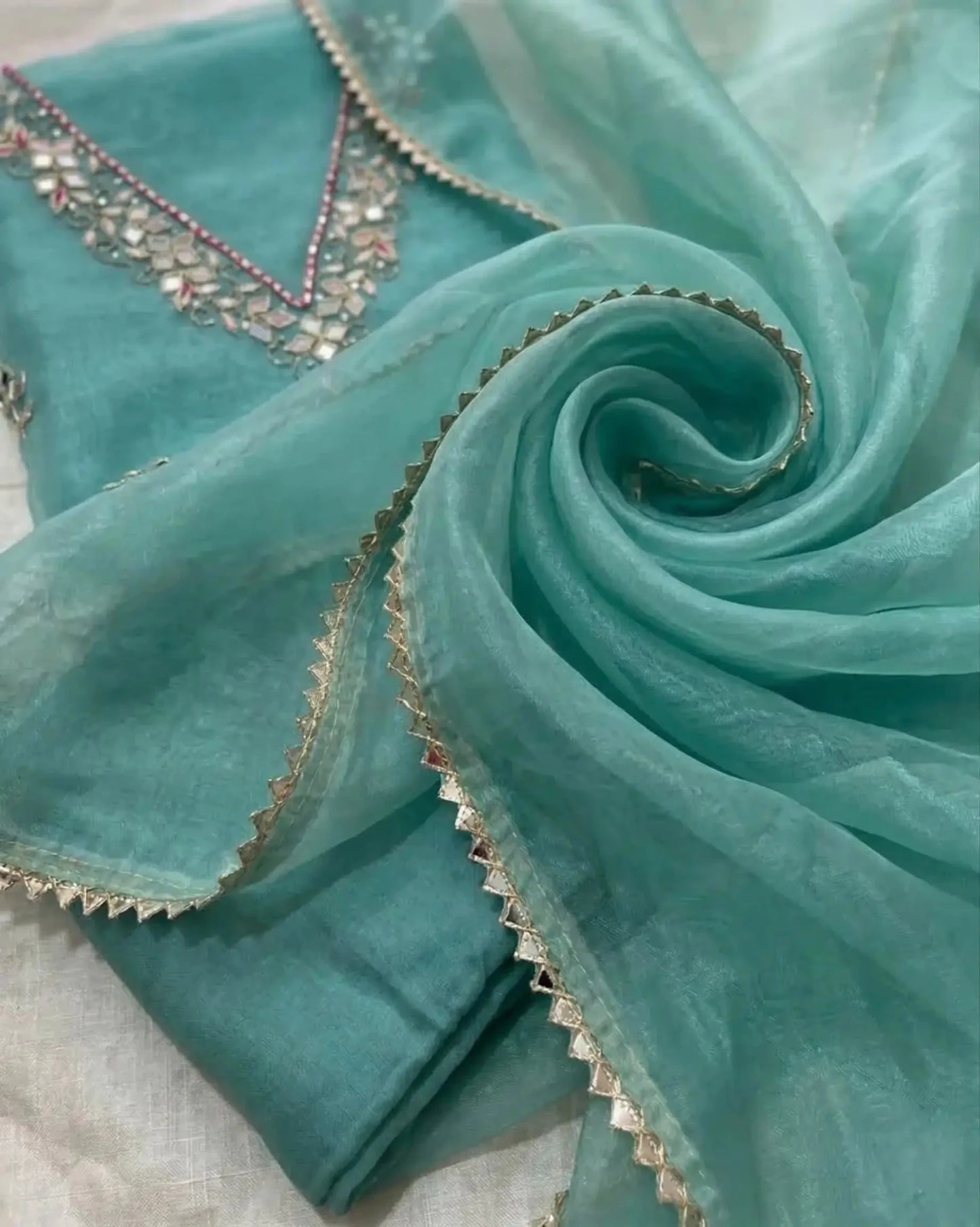 Hand - crafted Handcrafted Firozi Colour Organza Salwar Kameez : Mirror Work, Punjabi Suit for Weddings with elegant handwork - LIBASTINO