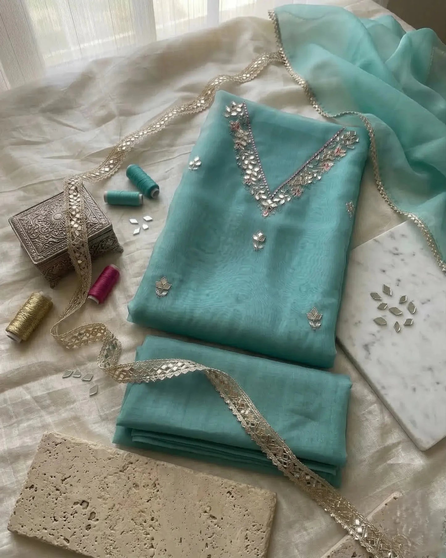 Hand - crafted Handcrafted Firozi Colour Organza Salwar Kameez : Mirror Work, Punjabi Suit for Weddings with elegant handwork - LIBASTINO