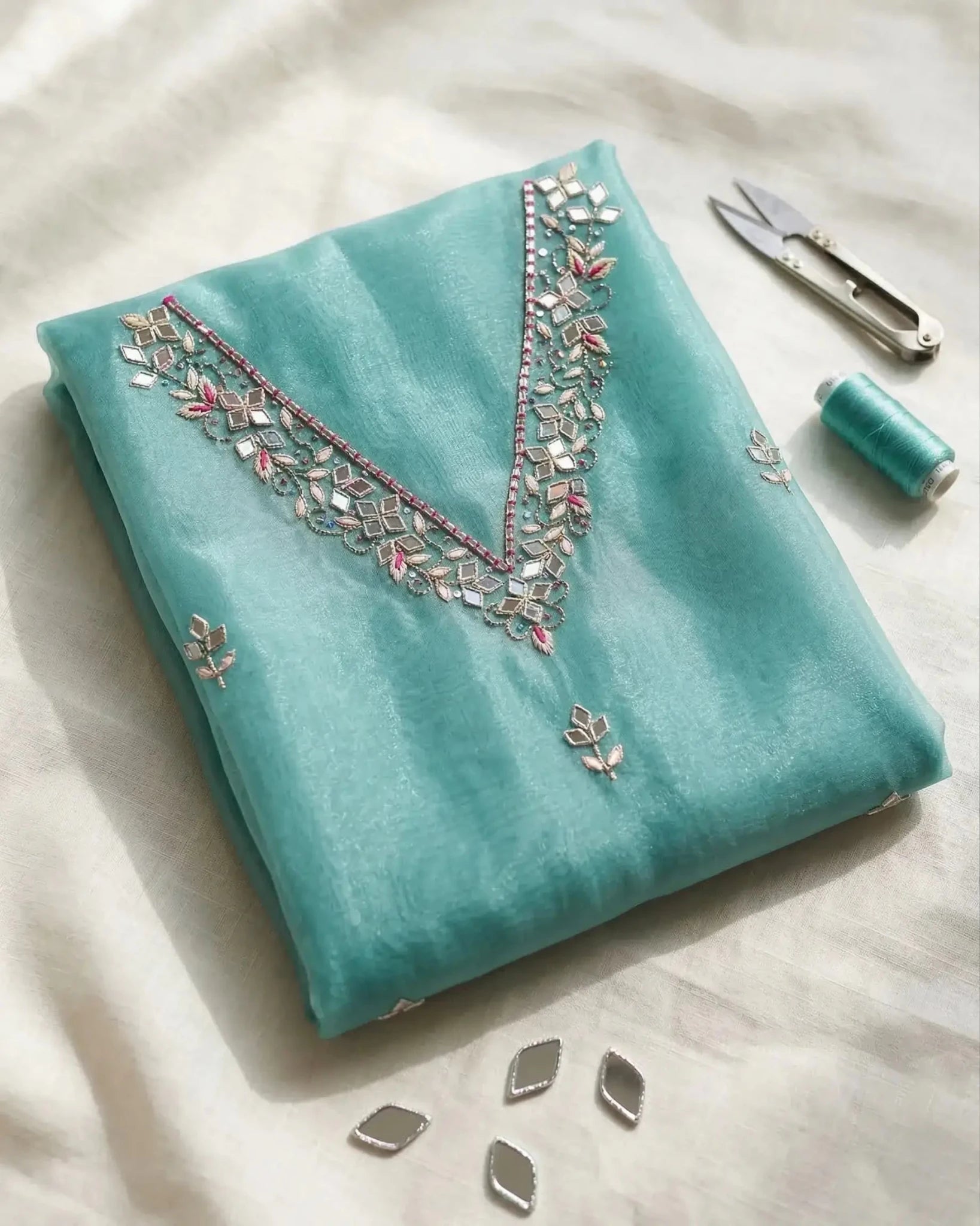 Hand - crafted Handcrafted Firozi Colour Organza Salwar Kameez : Mirror Work, Punjabi Suit for Weddings with elegant handwork - LIBASTINO