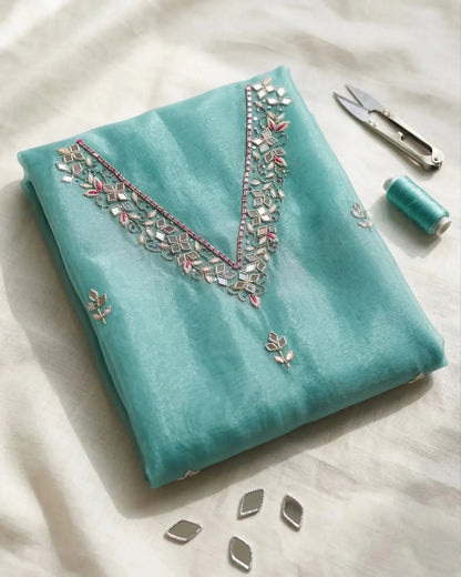 Hand - crafted Handcrafted Firozi Colour Organza Salwar Kameez : Mirror Work, Punjabi Suit for Weddings with elegant handwork - LIBASTINO